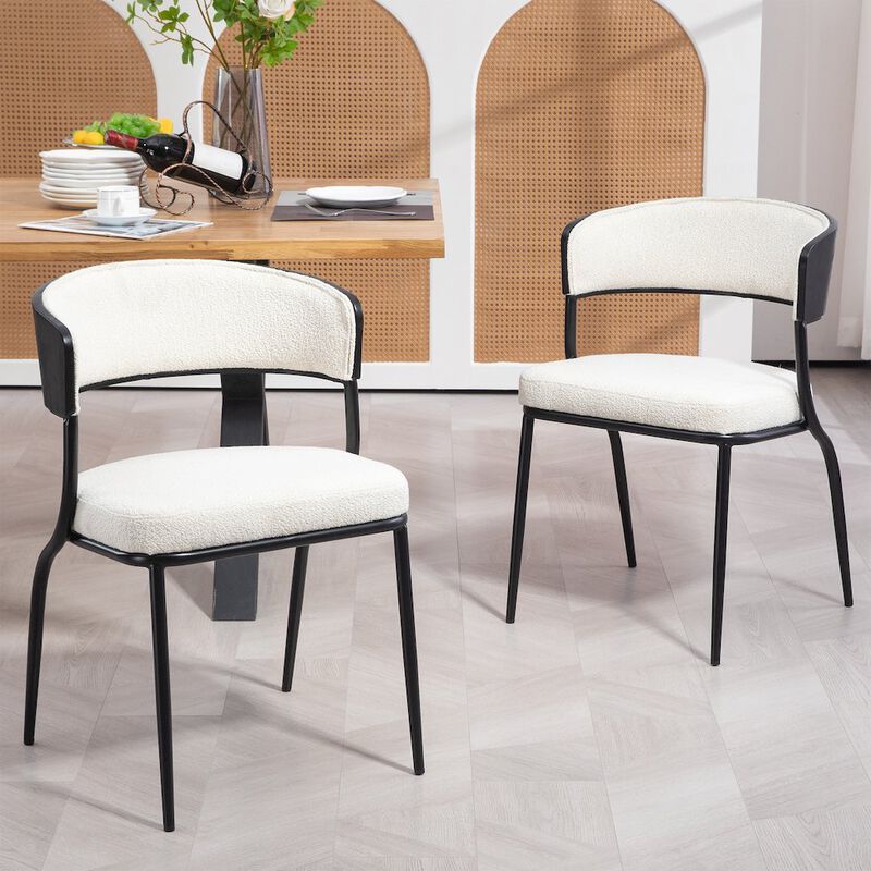 Glamour Home Set of 2 Bayle White Boucle Fabric Dining Chair with Black Iron Legs