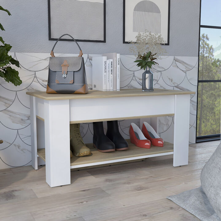 Austin Storage Table, One Extendable Table Shelf, Four Legs, Lower Shelf -Light Oak / White