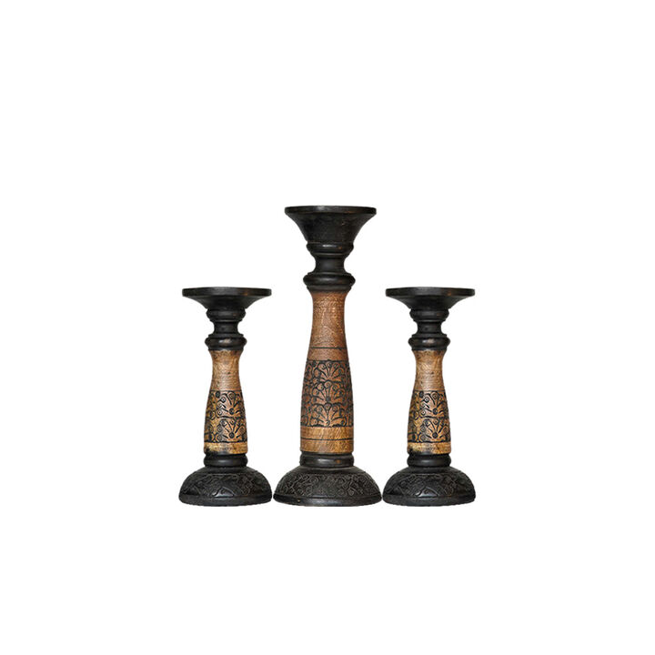 Traditional Black Wash Eco-friendly Handmade Mango Wood Set Of Three 9",12" & 9" Pillar Candle Holder
