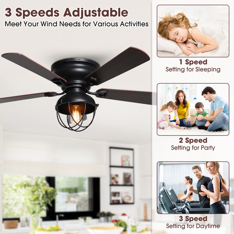 42" Industrial Wood 5-Blade Matte Black Flush Mount Ceiling Fan with Remote