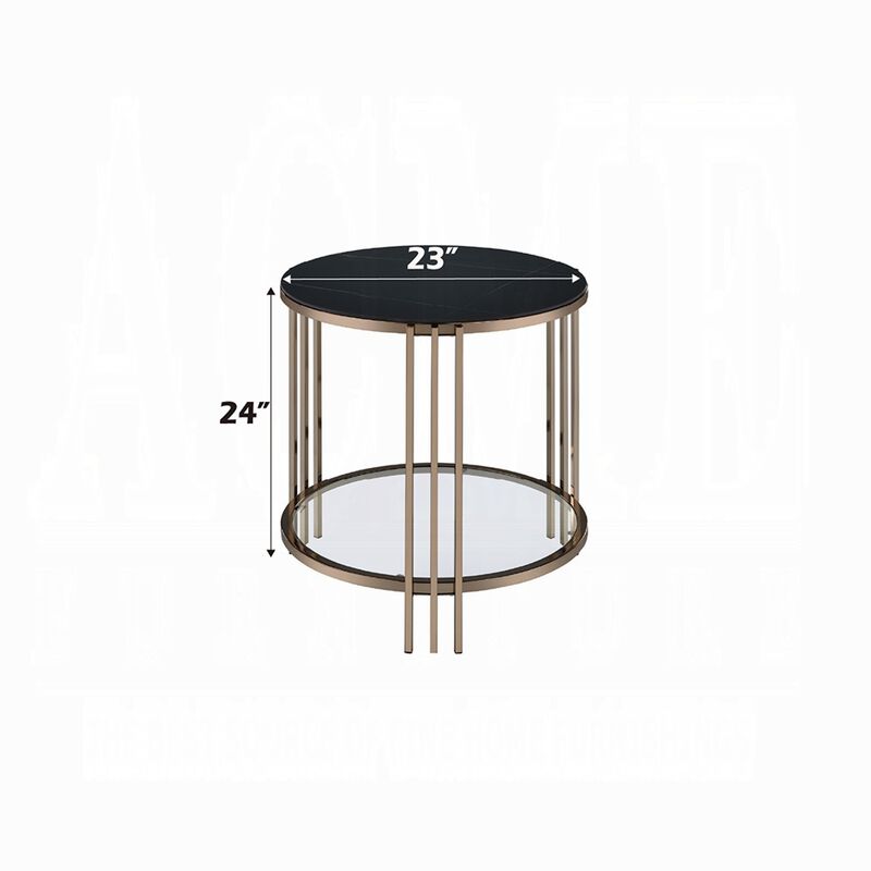 Abio Side End Table, 23 Inch, Round Sintered Stone Top, Black and Gold