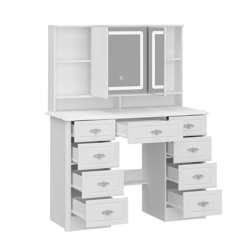 White Makeup Vanity Table Dressing Desk with 3-Mirrors, LED Lighted, 9-Drawers, Hidden Storage Shelves, Crystal Handles