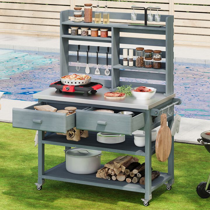 Whisen Outdoor Potting Table with Stainless Steel Top, Upper Hutch, and Lockable Wheels