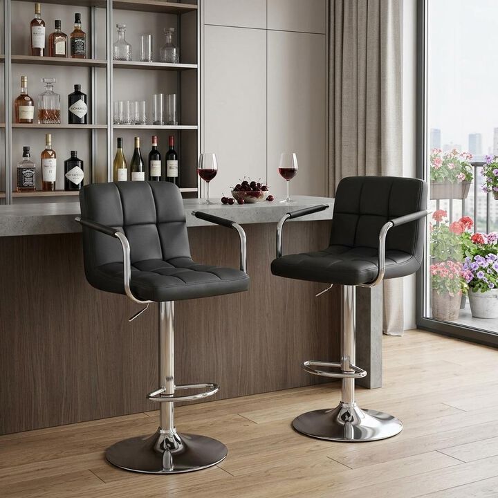 HomeRoots Set of Two Black and Silver Faux Leather and Aluminum Adjustable Height Swivel Bar Chairs