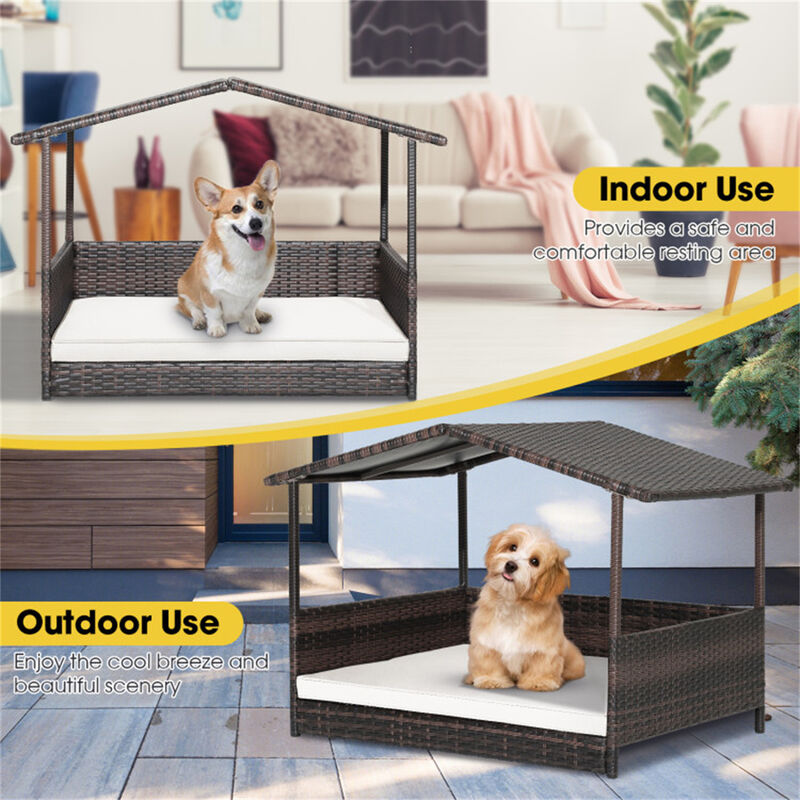 Weather-Resistant Outdoor Dog House with Canopy and Cushioned Rattan Bed