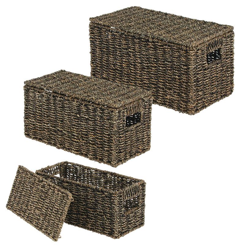mDesign Woven Seagrass Home Storage Basket with Lid, Set of 3 - Brown Finish image number 2