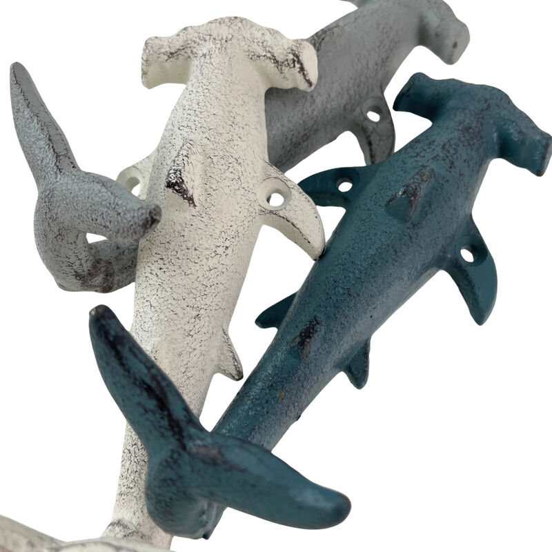 Charming Hammerhead Shark Wall Hooks Set &ndash; Decorative Cast Iron Hooks in Blue, Gray, and White, Nautical Decor for Beachy Spaces, 5 Inches High image number 2
