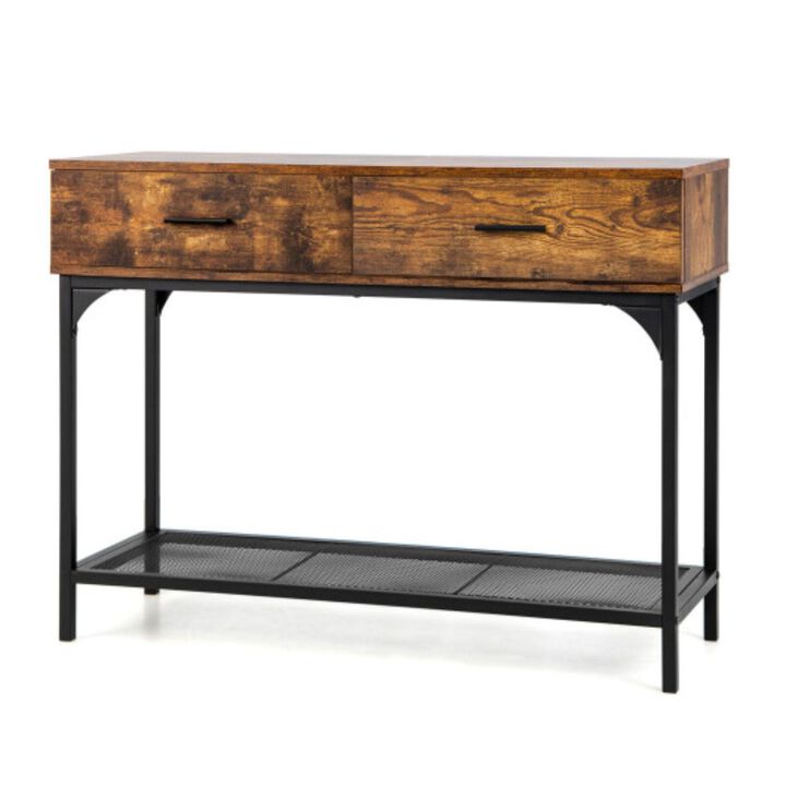 2 Drawers Console Table with Metal Frame for Living Room-Rustic Brown