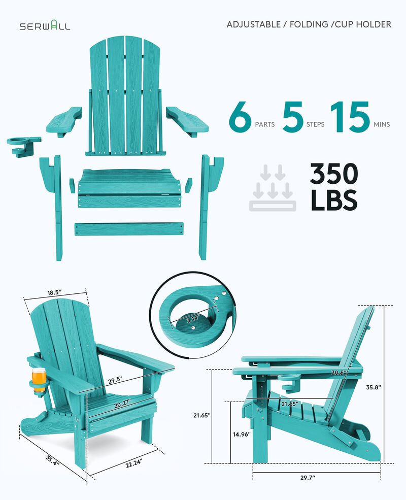 SERWALL Adjustable Folding Adirondack Chair, Reclining Adirondack Chair with Cup Holder, Aruba
