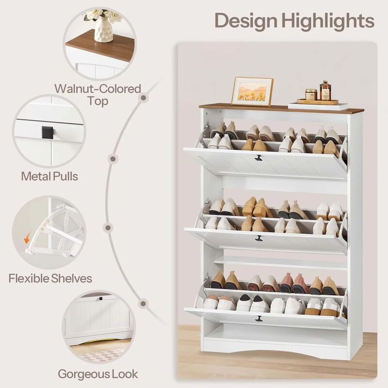 Large Shoe Storage Cabinet with Flip-Down Drawers for 24 Pairs Shoes-White image number 3