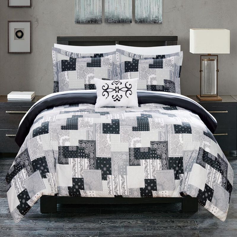 Chic Home Utopia 8 Piece Reversible Duvet Cover Set Patchwork Bohemian Paisley Print Design Bed in a Bag King Black