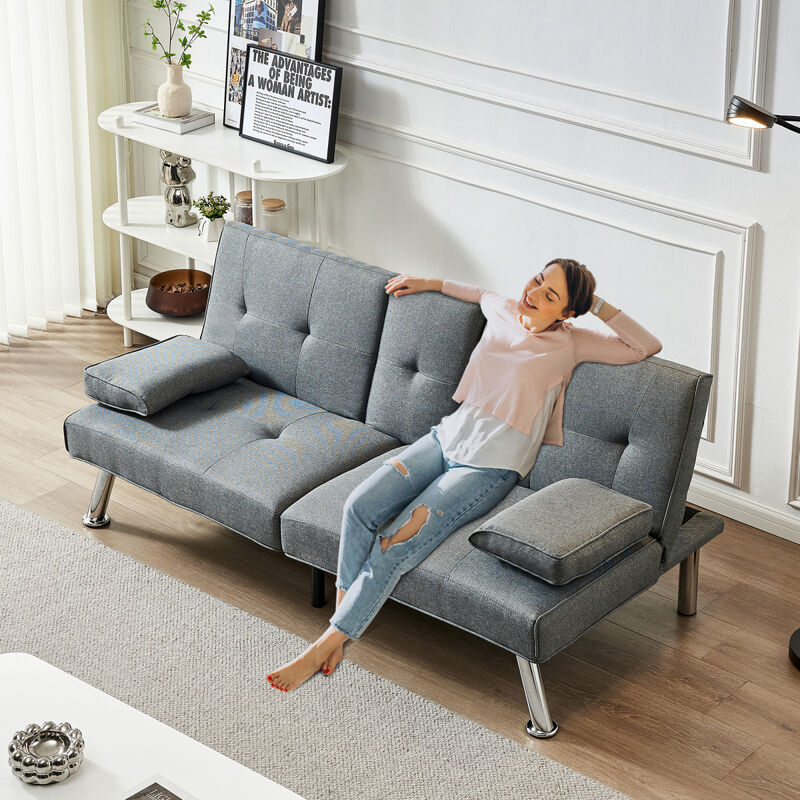 Linen Fabric Modern Sofa Bed Futon Couch Bed Folding Recliner Sleeper Reversible Loveseat Convertible Daybed, 2 Cup Holders, 3 Angles, Removable Armrests, Gray