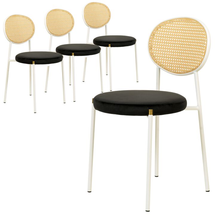 LeisureMod Velvet/Leather Dining Chair Rattan Back Side Chair Comfortable Kitchen Chair with Stainless Steel Base Euston Collection, Set of 4