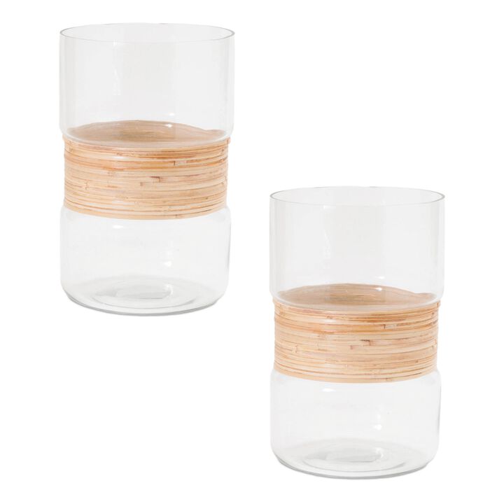Set of 2 Glass Candle Holders with Wicker Accent for Tabletop or Shelf Decor