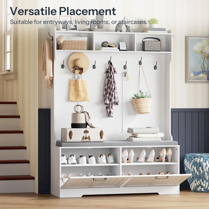 Entryway Hall Tree with Bench, Coat Rack and Shoe Cabinet Storage Organizer