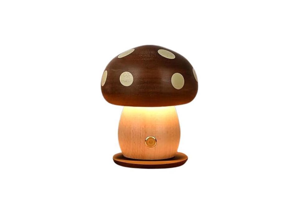 Cordless Dimmable Touch Control Wood Mushroom Lamp For Bedroom Patio
