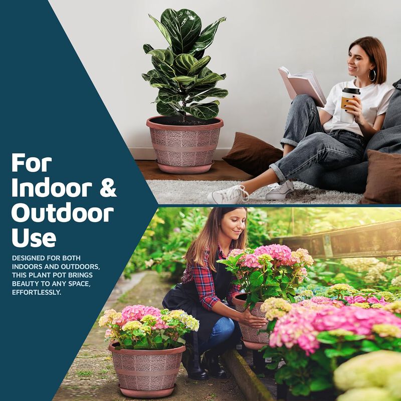 10-Inch Whiskey Barrel Planters Outdoor Pack of 20 - Durable Plastic Plant Pots for Indoor & Outdoor Use with Drainage & Saucer, Lightweight Rustic Barrel Planters for Flowers, Herbs & Small Plants image number 2