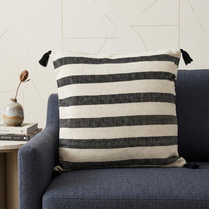 HomeRoots 24" Beige and Black Striped Cotton Throw Pillow With Tassels