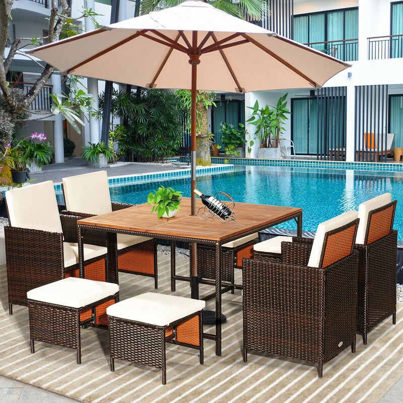 9 Piece Patio Rattan Dining Set with Cushioned Chairs for Outdoor Meals