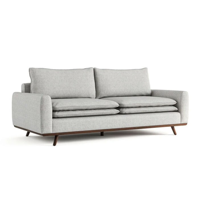 Yaana Sofa with Feather Blend Pillows, Dark Brown Wood, Gray 83 Inch - Benzara