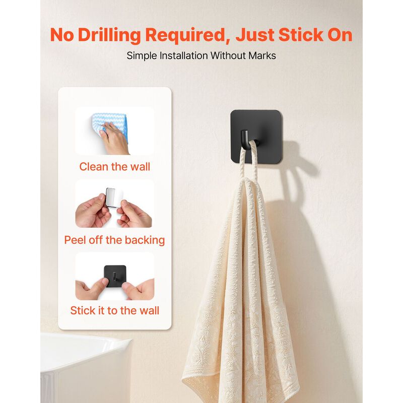 4 Pack Self Adhesive Wall Hooks Heavy Duty for Bathroom Kitchen Towel Coat-Matte Black image number 5