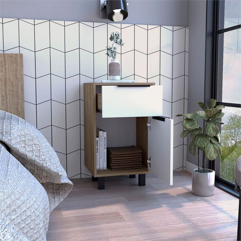 Homezia Stylish White and Pine Bedroom Nightstand