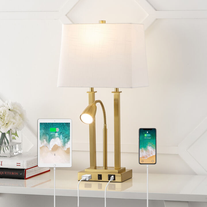 Blaire 23.75" 2-Light Modern Farmhouse Metal LED Table Lamp with USB Charging port, Adjustable Reading Light and AC Outlet, Nickel