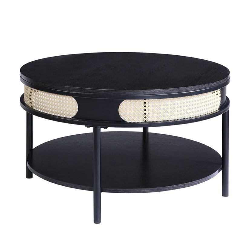 Bert 32 Inch Round Coffee Table, Rattan Apron Accent, Metal Legs, Black-Benzara