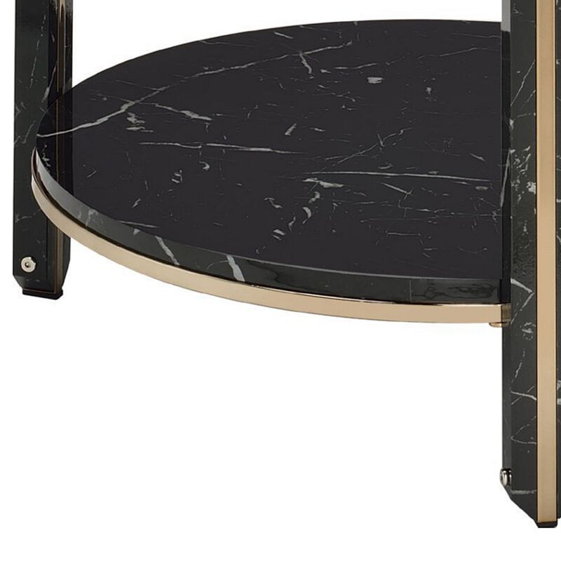 End Table with Glass Top and Faux Marble Shelf, Black and Gold-Benzara