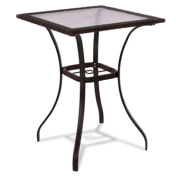 Hivago 28.5 Inch Outdoor Patio Square Glass Top Table with Rattan Edging
