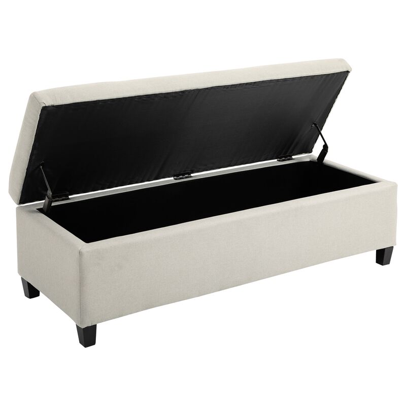 50" Beige Storage Ottoman: Linen Fabric, Soft Close Lid
