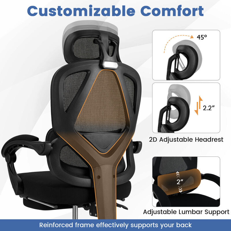 Mesh Office Desk Chair with High Back Support and Retractable Footrest image number 3
