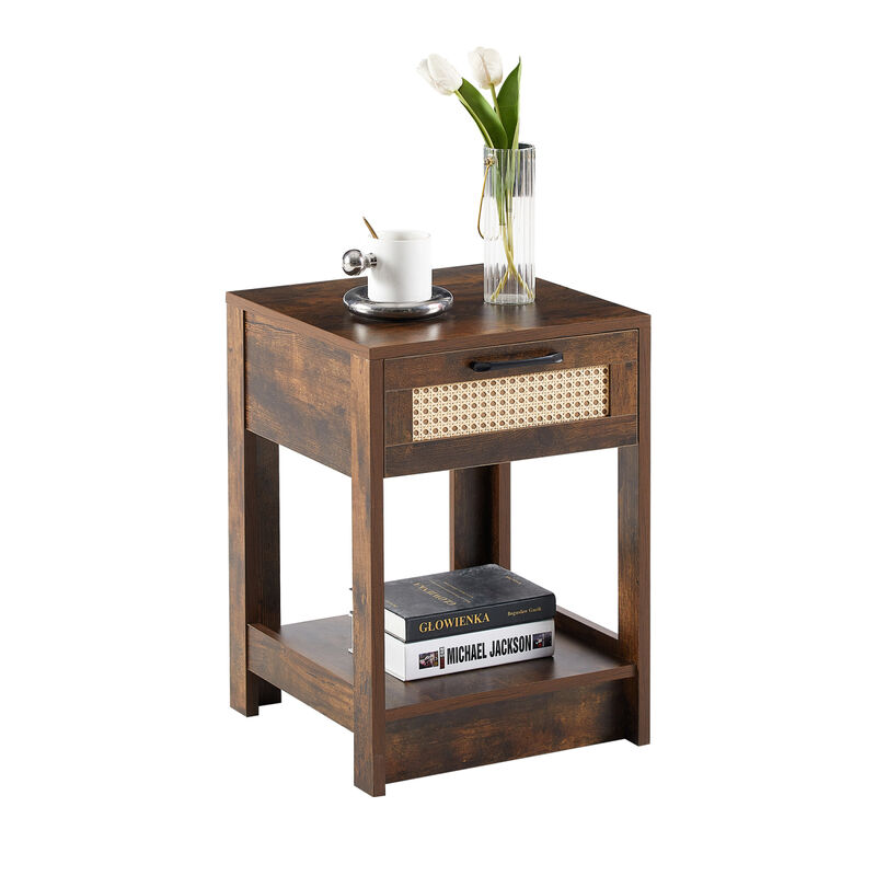 Rattan End Table with Drawer, Modern Nightstand, Side Table for Living Room, Bedroom, Rustic Brown image number 3