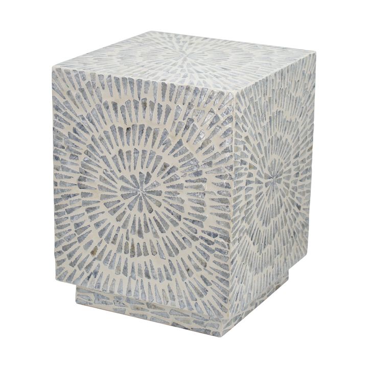 18 Inch Modern Capiz Accent Table Stool, Square, Gray Starburst Pattern