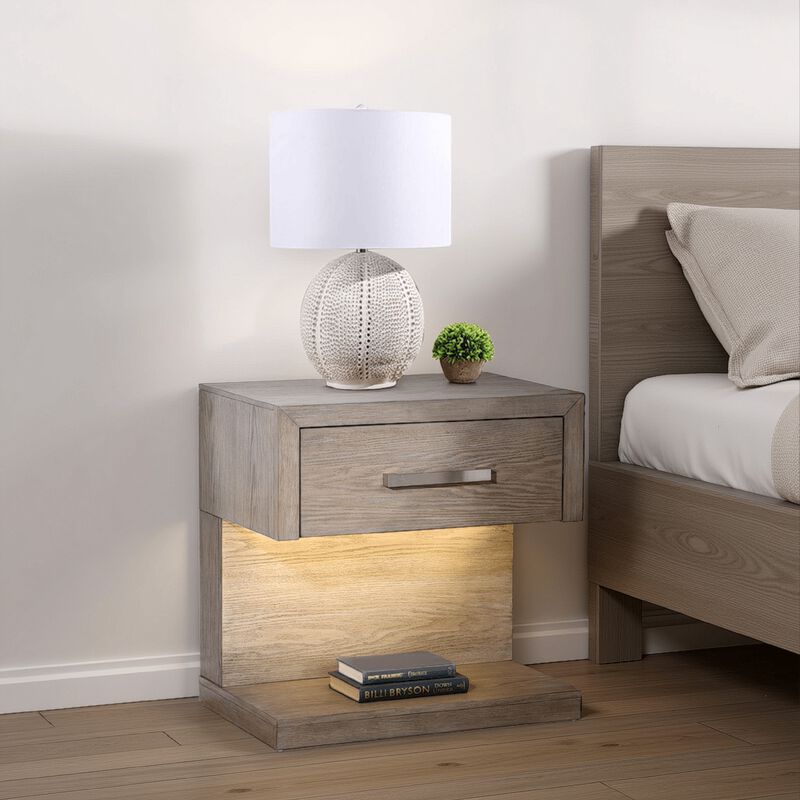 Keno Nightstand, 27 Inch Brown Acacia Wood, Storage Drawer, LED Light - Benzara