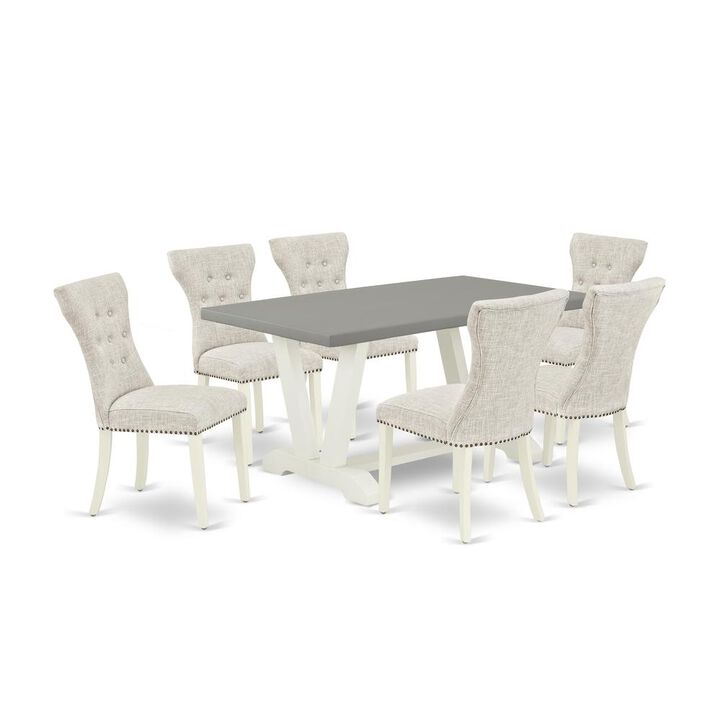 East West Furniture 7-Piece Dining Set- 6 Parson Dining Chairs with Doeskin Linen Fabric Seat and Button Tufted Chair Back - Rectangular Table Top & Wooden Legs - Cement and Linen White Finish
