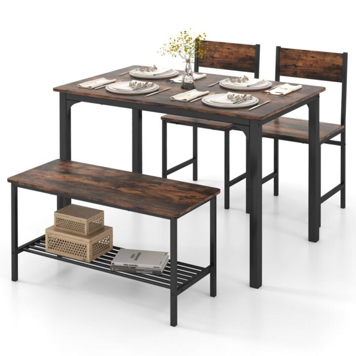 Hivvago 4 Pieces Rustic Dining Table Set with 2 Chairs and Bench