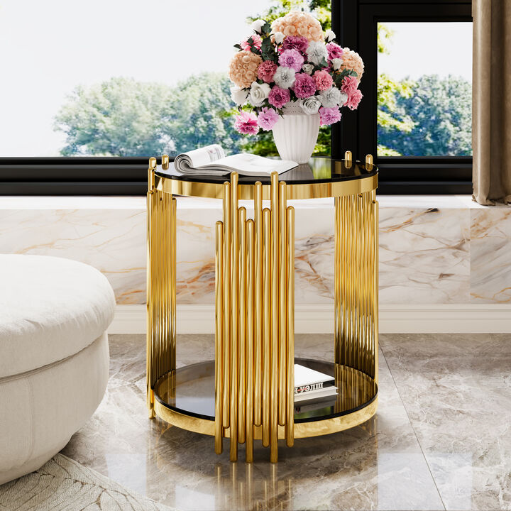 Merax Modern Mirror Round End Table Asymmetrical Metal Frame with Lower Shelf