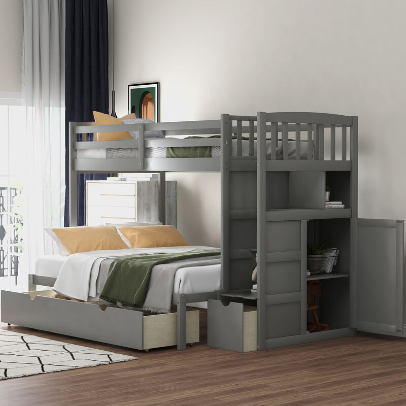 Whisen Twin over Full Bunk Bed with Staircase & Drawers, Solid Pine Convertible for Kids Bedroom image number 5