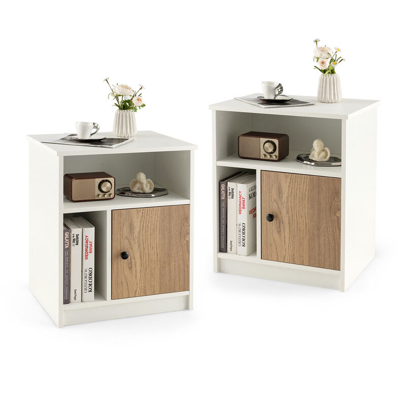 2 Pieces 25 Inch Tall Nightstands with Door and 2 Open Shelves-White