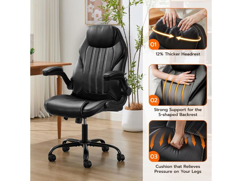 Office Chair &ndash; Black PU Leather Ergonomic Seat with Flip‑Up Arms, Lumbar & Tilt Lock
