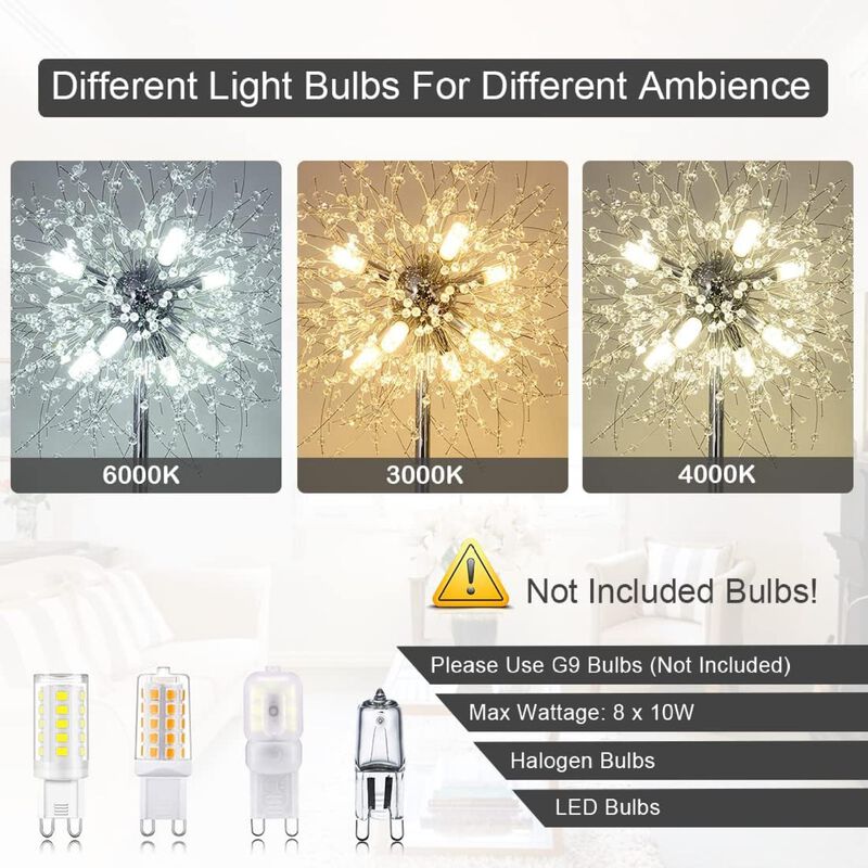 ELEMENT ACE Elegant 69 Inch Tall Crystal Standing Floor Lamp with 8 Lamp Heads, 32 Firework Crystal Accents, Sturdy Metal Base for Living Room Bedroom Home Decor image number 3