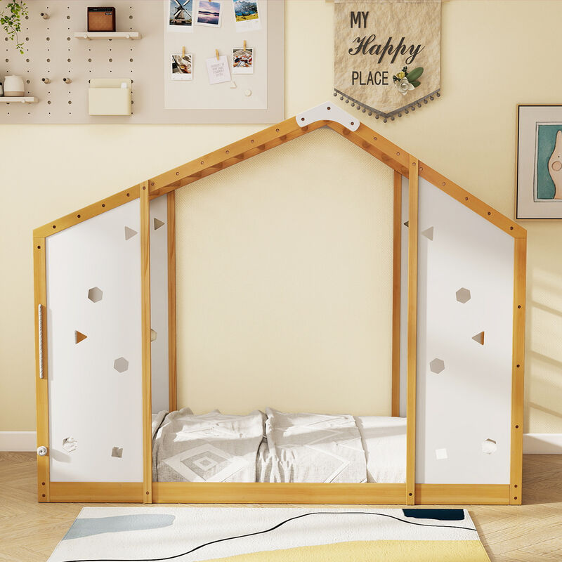 2-in-1 Twin Floor Bed with Monkey Bars &ndash; Montessori Climbing Bed, Natural & White image number 7
