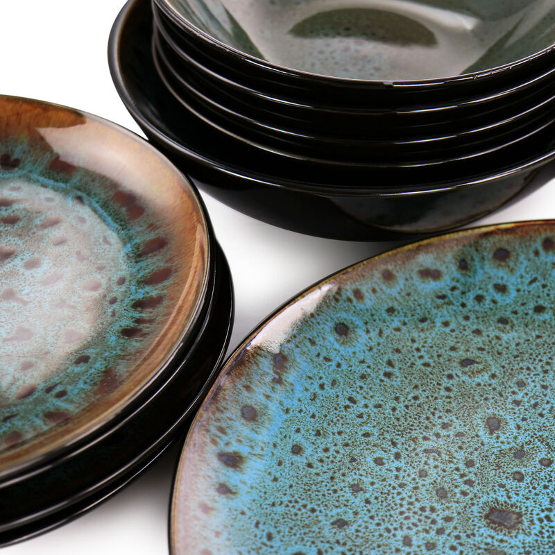 Gibson Elite Kyoto Teal Double Bowl 16 Piece Stoneware Dinnerware Set in Teal and Brown