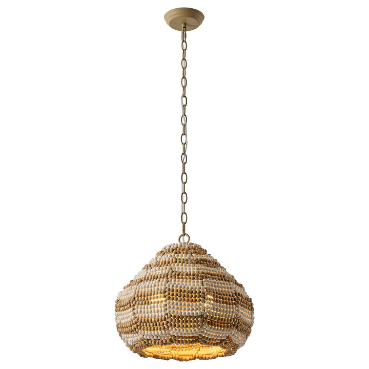 15.7" Bohemian 2-Light Distressed Brown and White Wood Beaded Gourd Chandelier, Pendant Light for Bedroom, Living Room or Dining Room