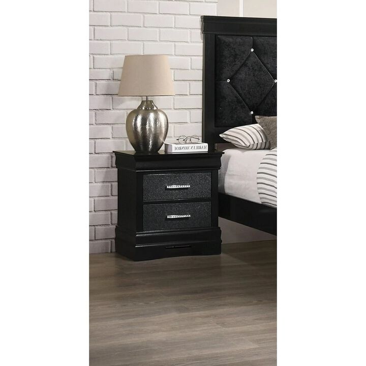1pc Modern Glam Style Two Drawers Nightstand Black Finish Solid Wood Crystal Like Button Tufted