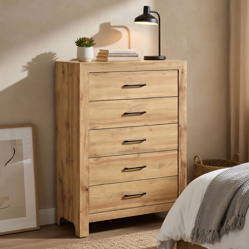 Eby Tall Dresser Chest, 5 Drawers, Black Nickel Handles, Natural Brown image number 8