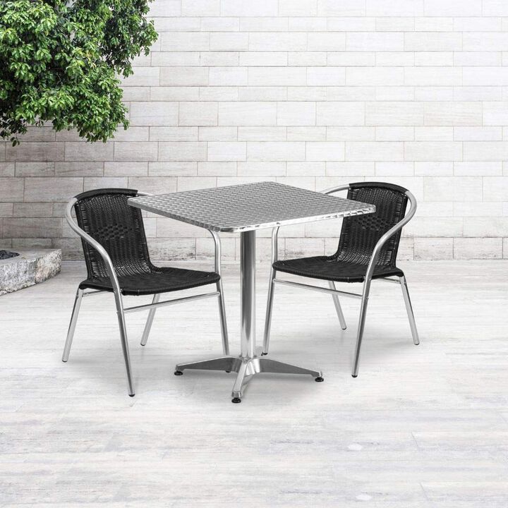 Flash Furniture 27.5'' Square Aluminum Indoor-Outdoor Table Set with 2 Black Rattan Chairs