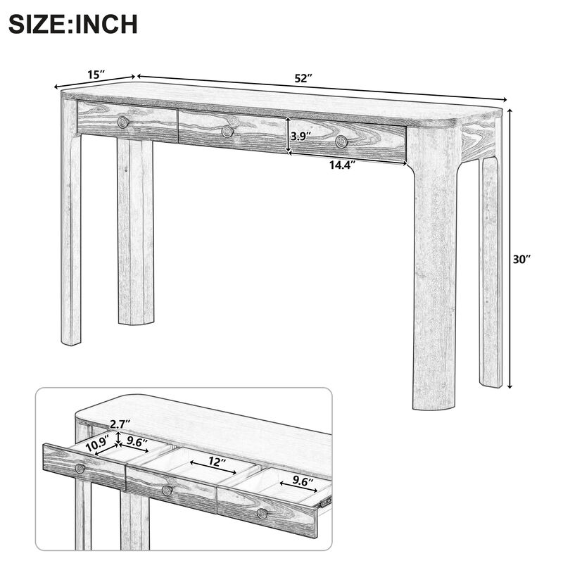 Whisen 52" Rustic Console Table with 3 Drawers, Solid Wood MDF, Sturdy Sofa Table for Entryway Living Room Hallway image number 9