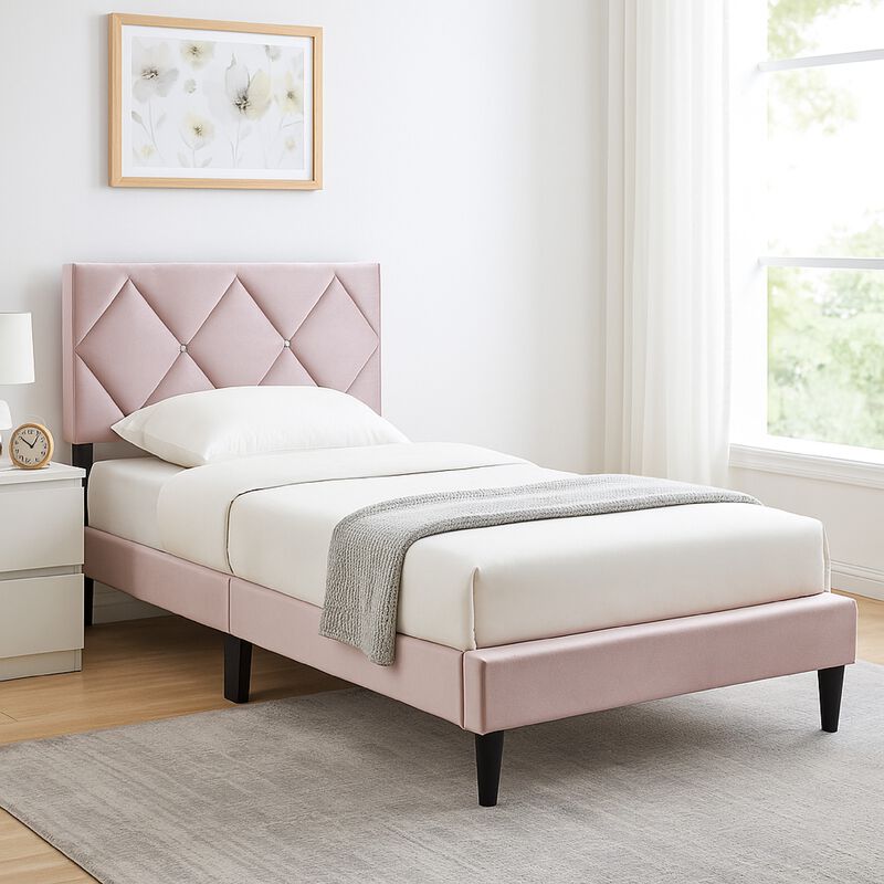 Lilian Full Bed, Tufted Light Pink Velvet Upholstery, Diamond Stitch image number 5